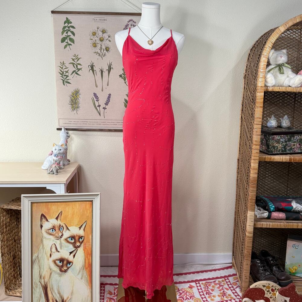 Vintage 90s Y2k Glitter Cowl Low Back Formal Maxi Dress Fairy Party Hoco Sexy S